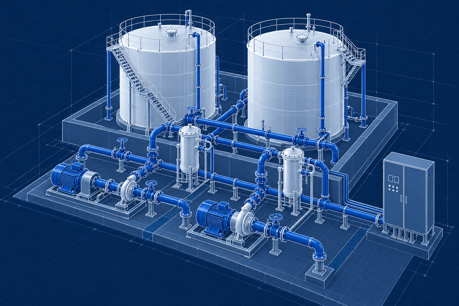 Illustrative 3D blueprint of fuel storage tanks, pumps, filtration and piping.